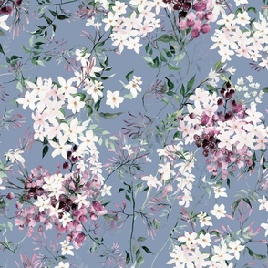 Large Scale Floral Jasmine Vines Pattern | Bohemian Dusty Blue and Purple MK006