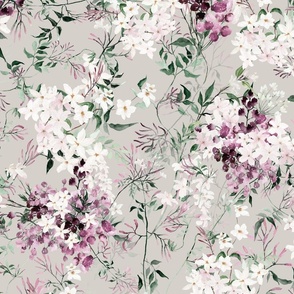 Large Scale Floral Jasmine Vines Pattern | Bohemian Neutral Gray Purple MK006