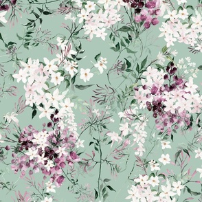 Large Scale Floral Jasmine Vines Pattern | Bohemian Mint Green and Purple MK006