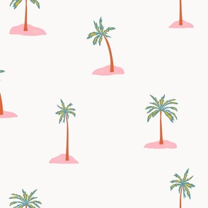 Brown and green palm trees on pink sand - scattered palms in a large size