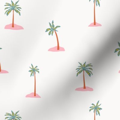 Brown and green palm trees on pink sand - scattered palms in a medium size