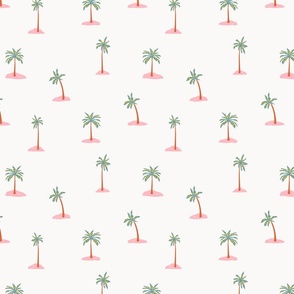 Brown and green palm trees on pink sand - scattered palms in a medium size