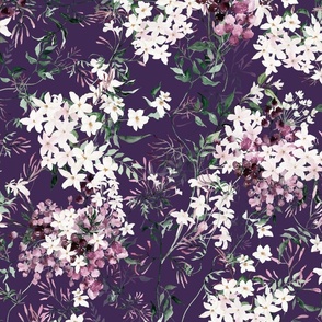 Large Scale Floral Jasmine Vines Pattern | Bohemian Dark Plum Purple White MK006