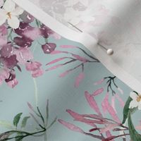 Large Scale Floral Jasmine Vines Pattern | Bohemian Light Teal and Purple MK006