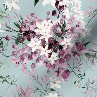 Large Scale Floral Jasmine Vines Pattern | Bohemian Light Teal and Purple MK006