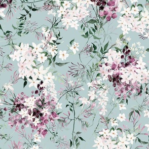 Large Scale Floral Jasmine Vines Pattern | Bohemian Light Teal and Purple MK006