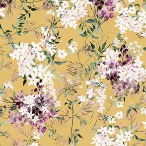 Large Scale Floral Jasmine Vines Pattern | Bohemian Golden Yellow Purple MK006