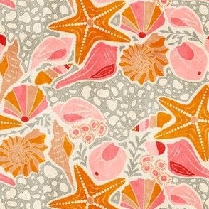 Just Beachy- Seashells Starfish on Sand with Sea Foam- Beach Combers Delight- Orange Pink- Small Scale