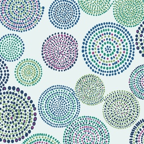 (Large) Boho Circles and Spirals Made of Brush Tips, Blue Green and Fuchsia 