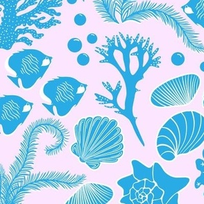 Suba dive, under the sea, fish and shells, coral in azure blue and pastel pink, larger size