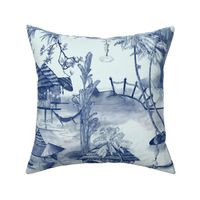 Tropical Beach Chinoiserie Toile, Indigo Blue and White, Navy Blue, Traditional Classic, Watercolor, Pen and Ink,  Palm Tree, Bungalow, Hammock, Paddle Board, Basimentos, Bocas Del Toro,Panamá