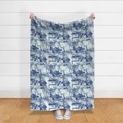 Tropical Beach Chinoiserie Toile, Indigo Blue and White, Navy Blue, Traditional Classic, Watercolor, Pen and Ink,  Palm Tree, Bungalow, Hammock, Paddle Board, Basimentos, Bocas Del Toro,Panamá