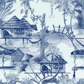 Tropical Beach Chinoiserie Toile, Indigo Blue and White, Navy Blue, Traditional Classic, Watercolor, Pen and Ink,  Palm Tree, Bungalow, Hammock, Paddle Board, Basimentos, Bocas Del Toro,Panamá