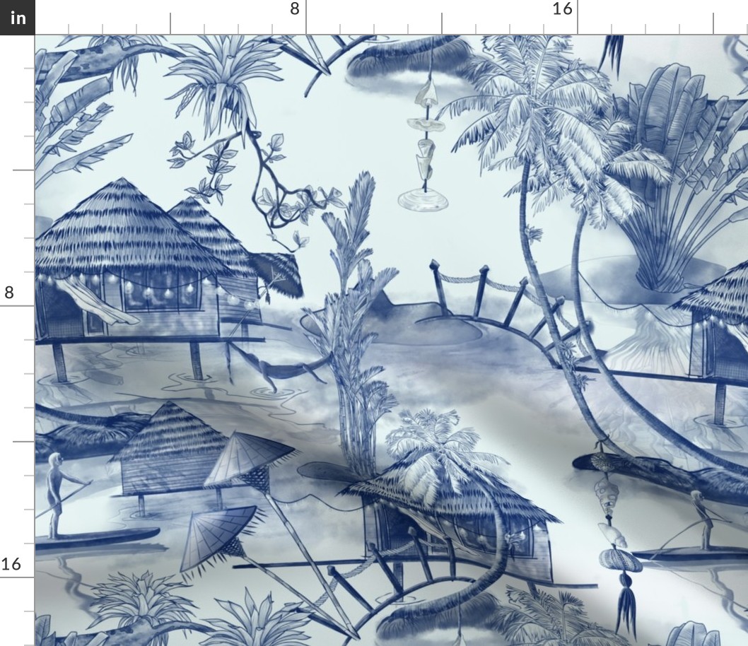 Tropical Beach Chinoiserie Toile, Indigo Blue and White, Navy Blue, Traditional Classic, Watercolor, Pen and Ink,  Palm Tree, Bungalow, Hammock, Paddle Board, Basimentos, Bocas Del Toro,Panamá