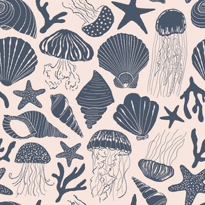 Coastal design with jellyfish, seashells and starfish
