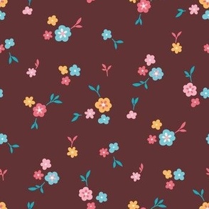 Cute Little Flowers with Leaves on Chocolate Brown - pink blue yellow