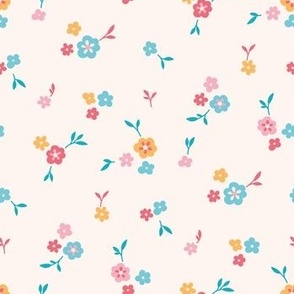 Cute Little Flowers with Leaves on White Creamy - pink blue yellow