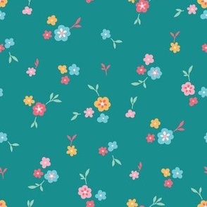 Cute Little Flowers with Leaves on Teal Aqua Green - pink blue yellow