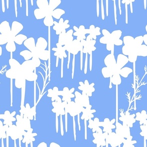 Summer Days Wildflowers Field White Flowers Silhouette On Pretty Cheerful Sky Baby Blue Periwinkle Illustrated Retro Modern Mid-Century Scandi Swiss Floral Ditzy Pattern