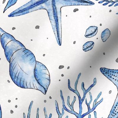 (L) Seaside Treasures - blue watercolor seashells -textured light background- large scale
