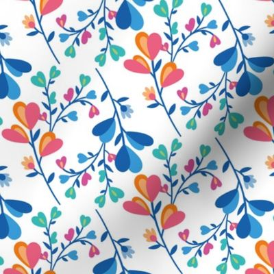 Cute Branches with Heart-shaped Leaves on White - blue, pink, orange