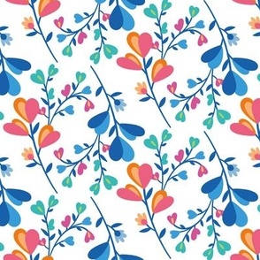 Cute Branches with Heart-shaped Leaves on White - blue, pink, orange