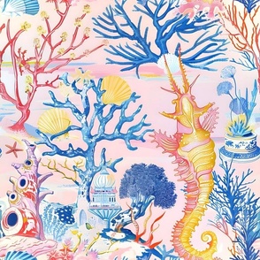 Corals, shrimps, and underwater ruins on pink