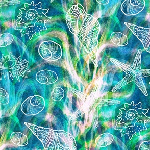 seaweed flow | green on teal petrol blue turquoise textured | coastal exotic seashells long spined star cabrit's murex shark's eye tritons trumpet starfish rainbow underwater | jumbo