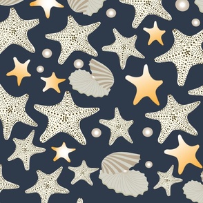 Star Fishes and Oysters- A trip to the beach- Nautical-Navy