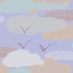 Soar Above Coastal Sky with Birds Clouds Dreamy Soothing Pastels Neutrals Half Drop Pattern