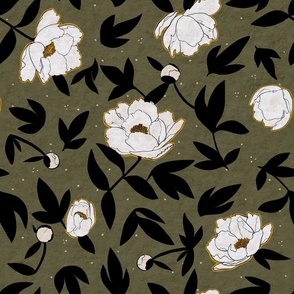 Krinkled White Peony, Olive Green
