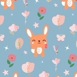 Cute bunny rabbit with easter egg on blue background