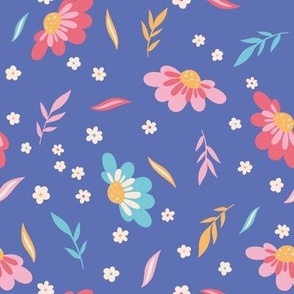 Cute Daisy Flowers and Leaves on Periwinkle - baby blue pink yellow white