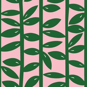 Modern Leaves on Vertical Vines - Green and Pink
