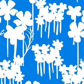 Summer Days Big Wildflowers Field White Flowers Silhouette On Pretty Cheerful Electric Blue Robin Illustrated Retro Modern Mid-Century Scandi Swiss Floral Ditzy Pattern
