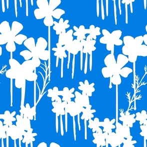 Summer Days Wildflowers Field White Flowers Silhouette On Pretty Cheerful Electric Blue Robin Illustrated Retro Modern Mid-Century Scandi Swiss Floral Ditzy Pattern