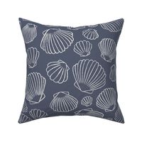 Ocean Treasures: Hand-Drawn Seashell Scallop Pattern on Navy Blue Background BIG SCALE