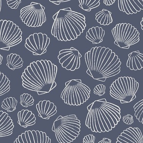 Ocean Treasures: Hand-Drawn Seashell Scallop Pattern on Navy Blue Background BIG SCALE