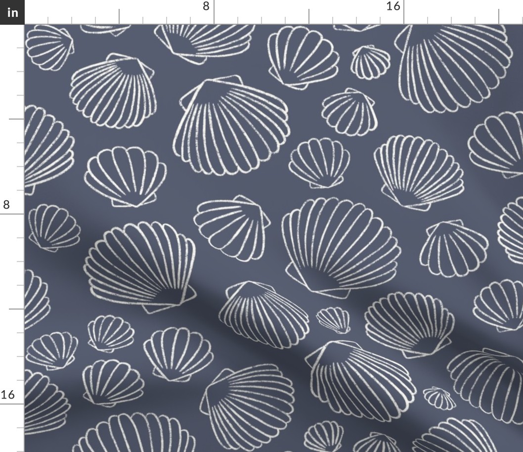 Ocean Treasures: Hand-Drawn Seashell Scallop Pattern on Navy Blue Background BIG SCALE