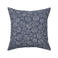 Ocean Treasures: Hand-Drawn Seashell Scallop Pattern on Navy Blue Background SMALL SCALE