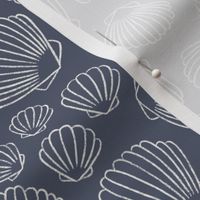 Ocean Treasures: Hand-Drawn Seashell Scallop Pattern on Navy Blue Background SMALL SCALE