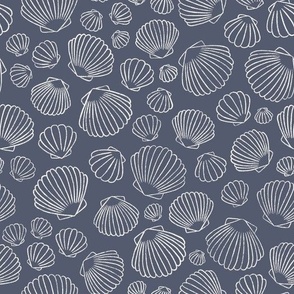 Ocean Treasures: Hand-Drawn Seashell Scallop Pattern on Navy Blue Background SMALL SCALE
