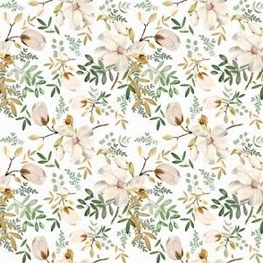 Ultra Ditsy White Flowers / Green Leaves / Gold / Painted
