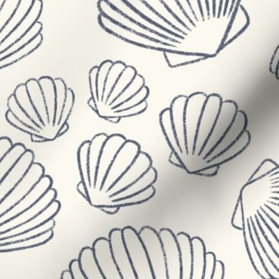 Ocean Treasures: Hand-Drawn, Navy Seashell Scallop Pattern on Cream Background BIG SCALE