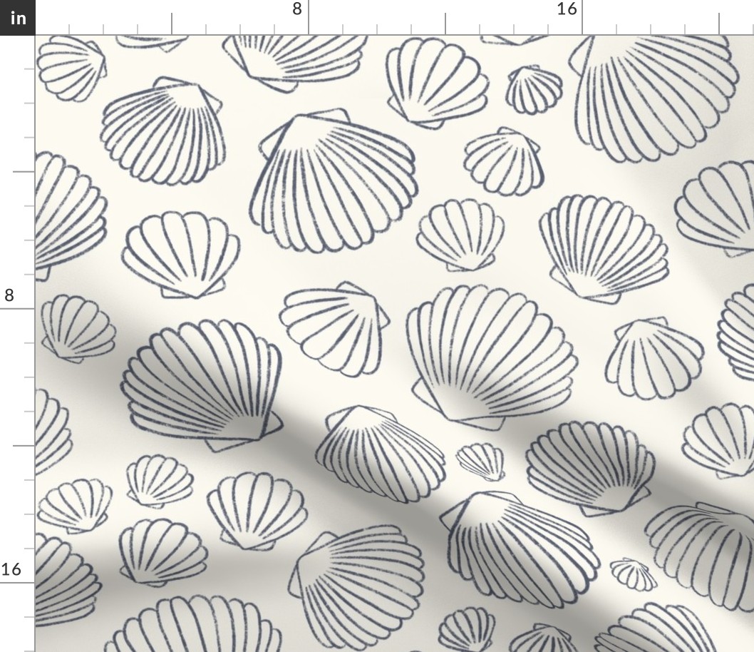 Ocean Treasures: Hand-Drawn, Navy Seashell Scallop Pattern on Cream Background BIG SCALE