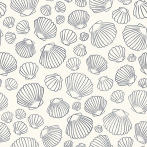 Ocean Treasures: Hand-Drawn, Navy Seashell Scallop Pattern on Cream Background SMALL SCALE