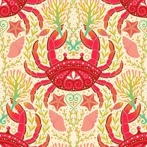 beach vibes crabs, shells and fish in red, green and orange - watercolor - home decor - bedding - wallpaper - curtains - swimming suits - summer.
