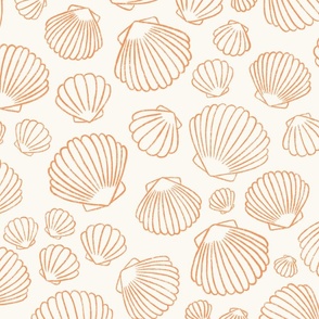 Ocean Treasures: Hand-Drawn, Red Seashell Scallop Pattern on Cream Background BIG SCALE