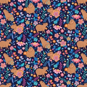 Cute Playful Capybaras and Flowers on Dark Blue - pink brown yellow (s)