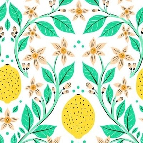 Fresh Yellow Lemons with Green Leaves and White Background